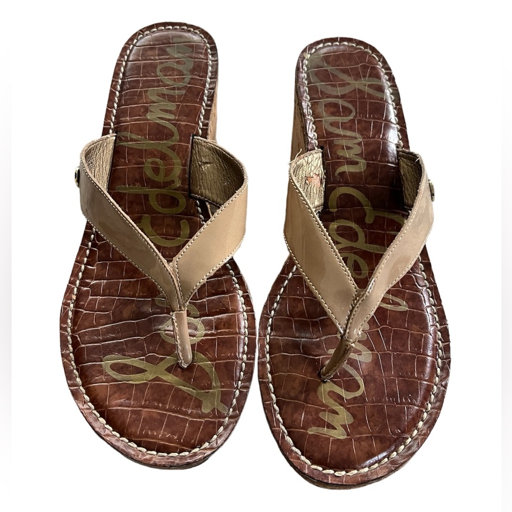 Sam Edelman Romy Cork Wedge Sandals Shoes Slip On Leather Beige Sz 8.5